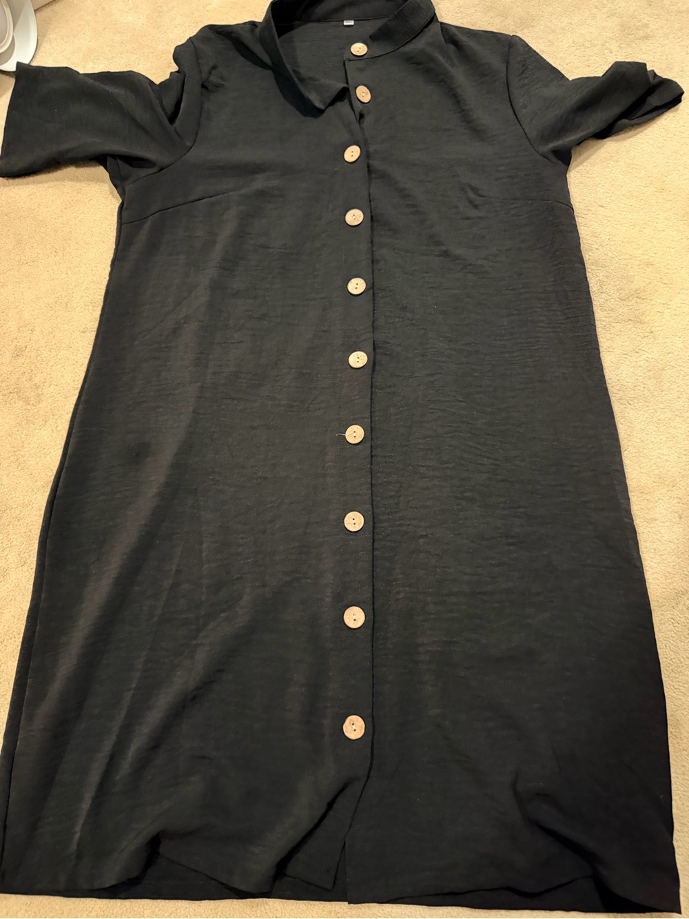 Black Button-Front Shirt Dress with Wooden Buttons